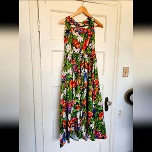 100% Cotton Vibrant Bird And Flower Print Vintage Halter Dress With Pockets